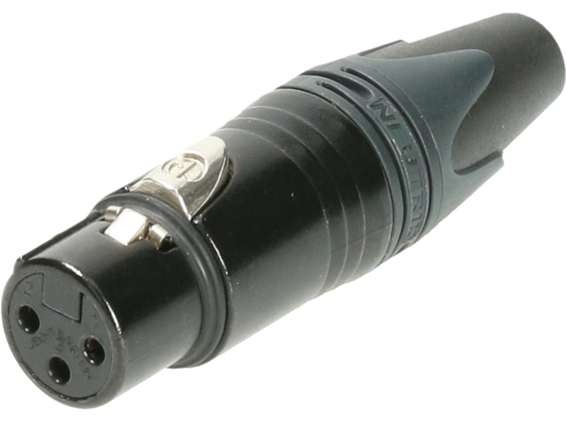 3-polige XLR kabelbuchse mit schwarz-verchromtem gehäuse und silber beschichteten kontakten